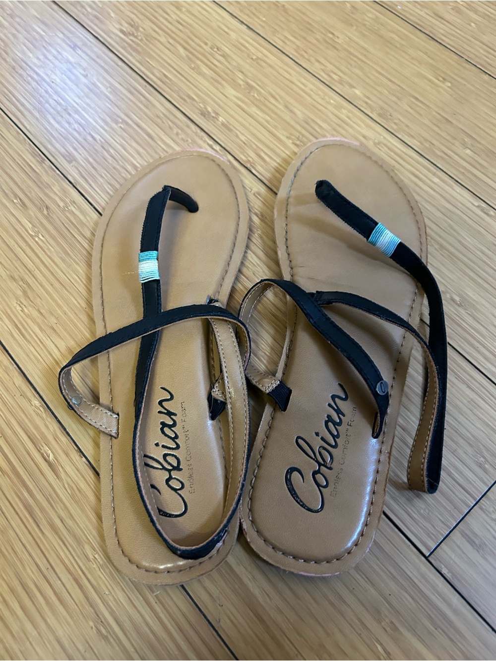 Cobian Women's Size 8 Black Tan T-Strap Elastic Ankle Wrap Comfort Sandals Flats